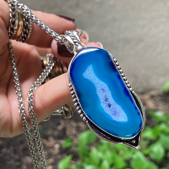 925 sterling silver overlay charm blue geode agate slice gemstone boho necklace - Picture 2 of 15